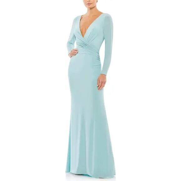 Mac Duggal Dresses & Skirts - Mac Duggal Light Blue Long Sleeve Ruched Jersey V-Neck Formal Gown Size 4